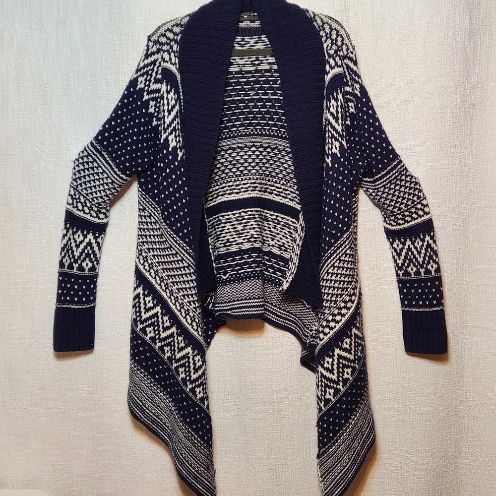 Poof Cardigan Sweater Blue White Chunky Knit Cotton Blend Medium